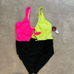 Neon Pink & Yellow Tie Front Bathing Suit